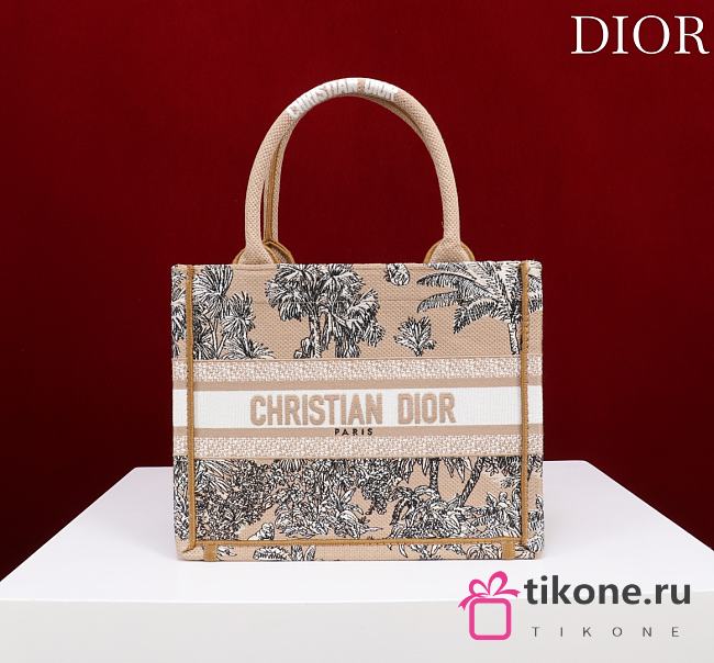 Dioriviera Small Dior Book Tote Beige and White Toile de Jouy Palms Embroidery - 26.5x22x14cm - 1