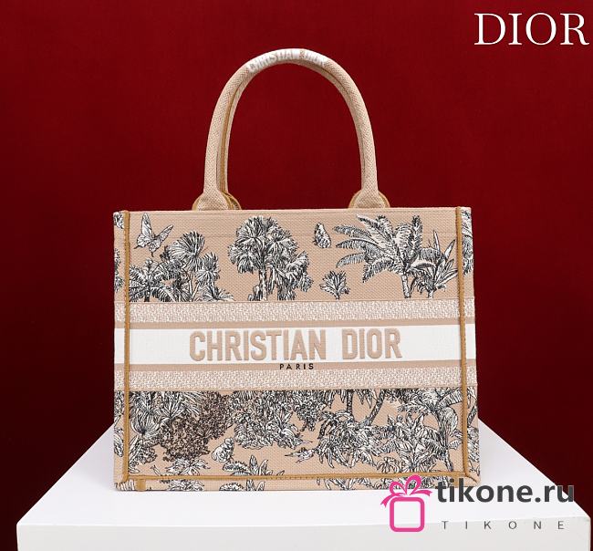 Dioriviera Medium Dior Book Tote Beige and White Toile de Jouy Palms Embroidery - 36x27.5x16.5cm - 1
