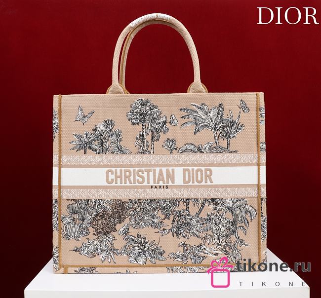 Dioriviera Large Dior Book Tote Beige and White Toile de Jouy Palms Embroidery - 42x35x18.5cm - 1
