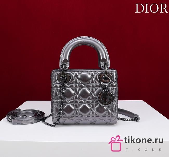 Mini Lady Dior Bag Metallic Silver-Tone Cannage Lamskin - 17x15x7cm - 1
