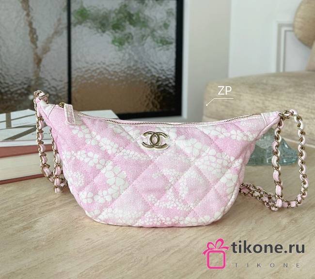Chanel Large Hobo Bag Printed Denim & Gold-Tone Metal Light Pink & White - 15.5x29x7.5cm - 1