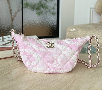Chanel Large Hobo Bag Printed Denim & Gold-Tone Metal Light Pink & White - 15.5x29x7.5cm