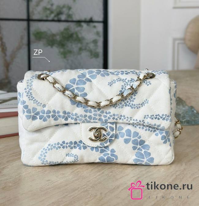 Chanel Flap Bag Printed Denim & Gold-Tone Metal White & Blue - 15x24x6.5cm - 1