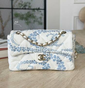 Chanel Flap Bag Printed Denim & Gold-Tone Metal White & Blue - 15x24x6.5cm