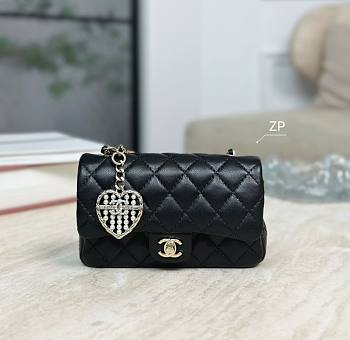 Chanel Lambskin Quilted Leather Mini Rectangluar Flap Bag With Light Gold Crystal & Heart Hardware Black - 19x11x7cm