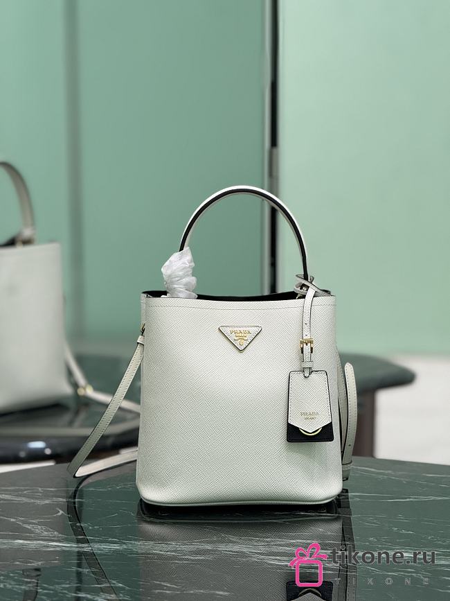 Medium Saffiano Leather Prada Panier Bag 1BA212 White/Black - 22x23x13cm - 1