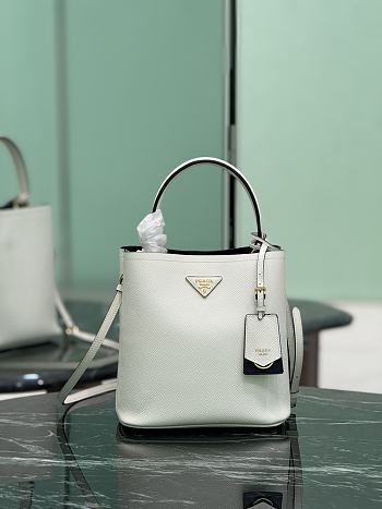 Medium Saffiano Leather Prada Panier Bag 1BA212 White/Black - 22x23x13cm