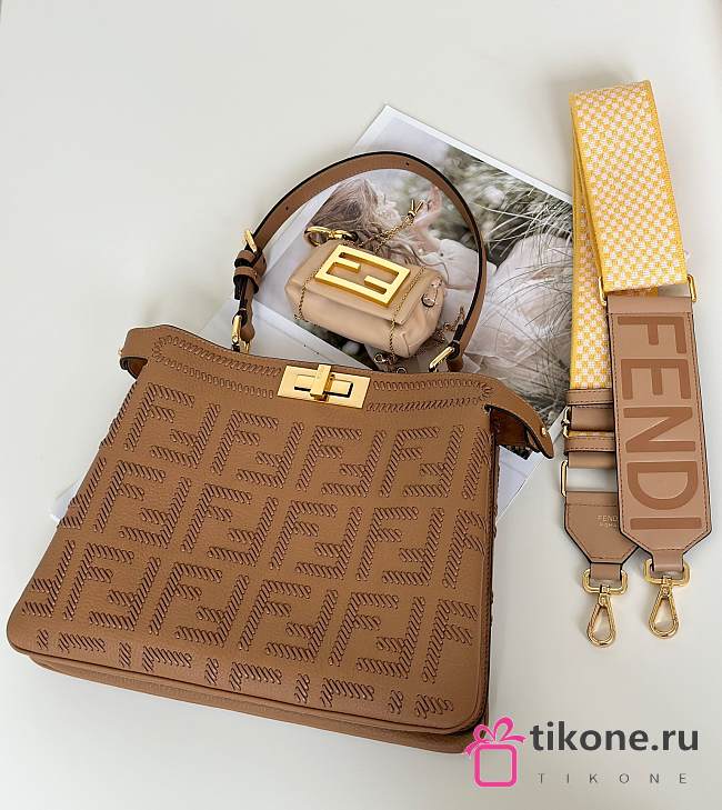 Fendi Peekaboo Soft Medium Cappuccino Colored Leather Bag With FF Interlacing - 33x10x25cm - 1