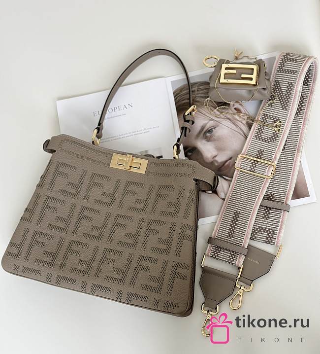 Fendi Peekaboo Soft Medium Elephant Gray Leather Bag With FF Interlacing - 33x10x25cm - 1