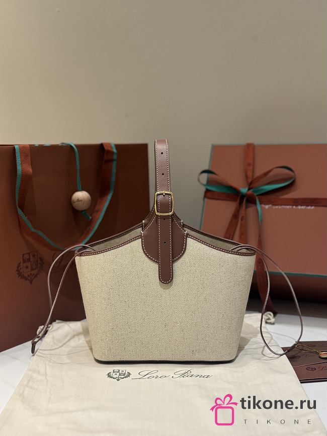 Loro Piana Bobbin Bucket Bag Cotton Linen Natural/Caramel - 21x16x13cm - 1