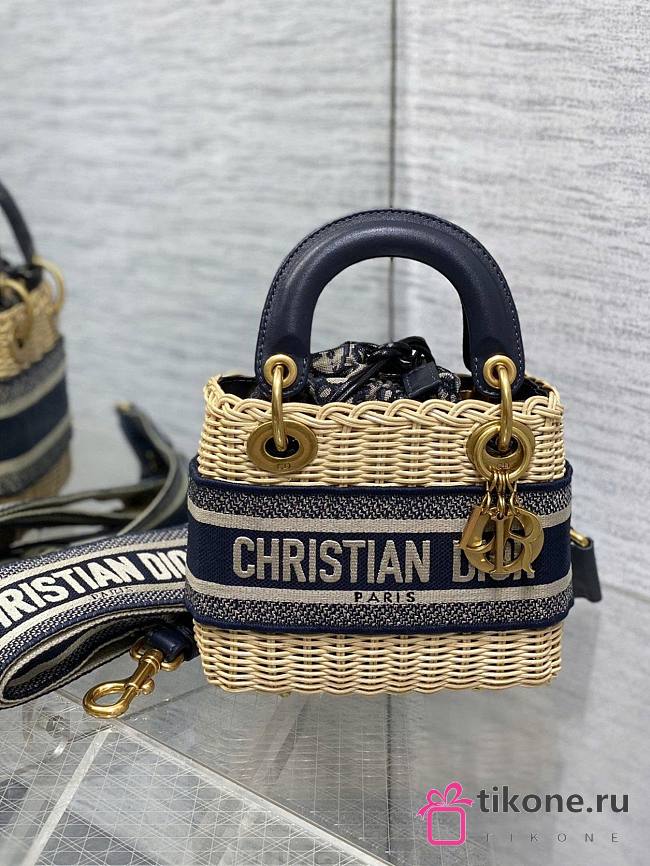 Mini Lady Dior Bag Natural Rattan and Blue Dior Oblique Jacquard - 17x15x7cm - 1