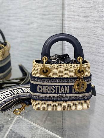 Mini Lady Dior Bag Natural Rattan and Blue Dior Oblique Jacquard - 17x15x7cm