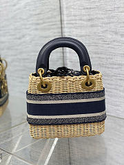 Mini Lady Dior Bag Natural Rattan and Blue Dior Oblique Jacquard - 17x15x7cm - 4