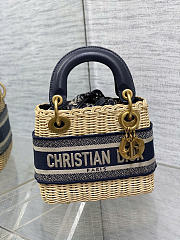 Mini Lady Dior Bag Natural Rattan and Blue Dior Oblique Jacquard - 17x15x7cm - 3