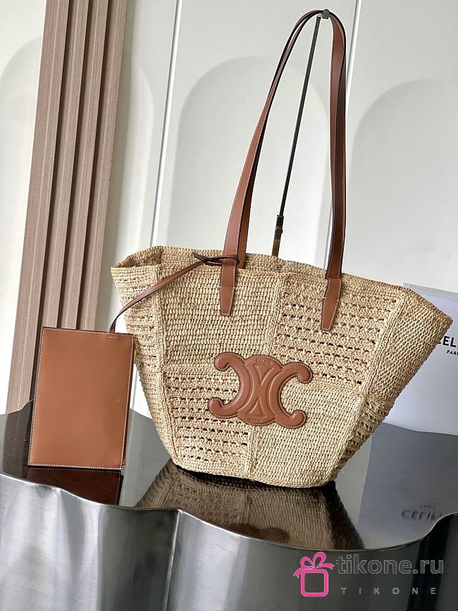 Celine Classic Panier Medium Couffin In Raffia Patchwork And Calfskin Natural/ Tan - 31x23x17cm - 1