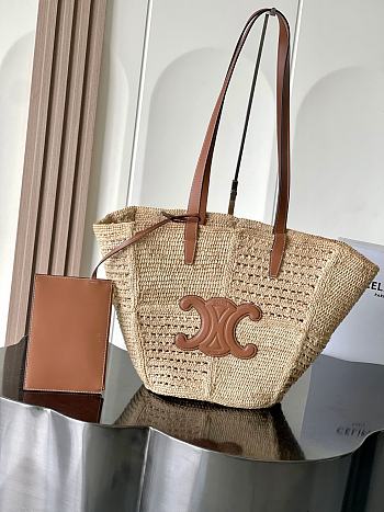 Celine Classic Panier Medium Couffin In Raffia Patchwork And Calfskin Natural/ Tan - 31x23x17cm