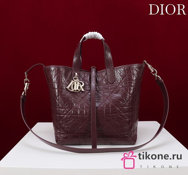 Medium Dior Toujours Vertical Tote Bag Plum Macrocannage Crinkled Calfskin - 23x24x16cm - 1