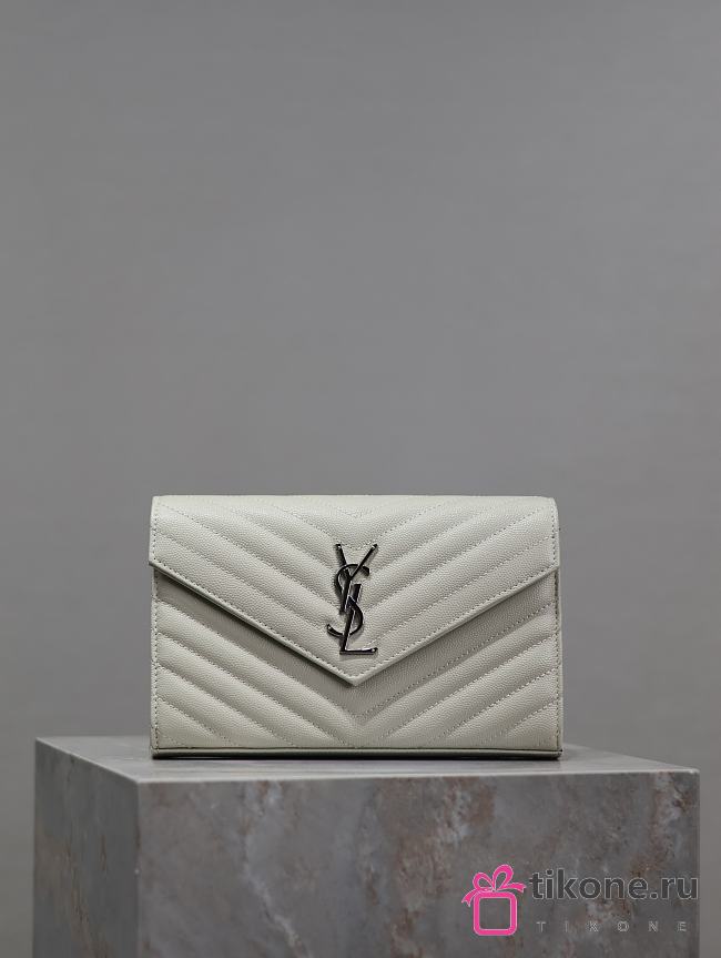 YSL Classic Cassandre Chain Wallet In Grain De Poudre Leather White Silver -  22.5x14x4cm - 1