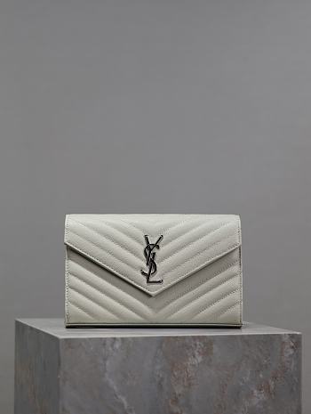 YSL Classic Cassandre Chain Wallet In Grain De Poudre Leather White Silver -  22.5x14x4cm