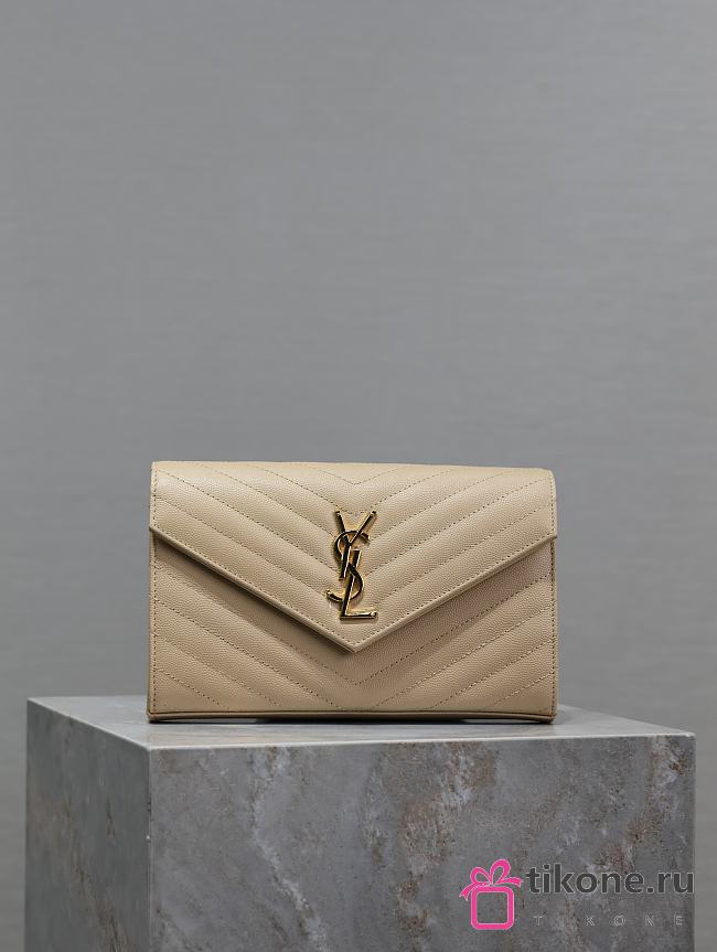YSL Classic Cassandre Chain Wallet In Grain De Poudre Leather Beige -  22.5x14x4cm - 1