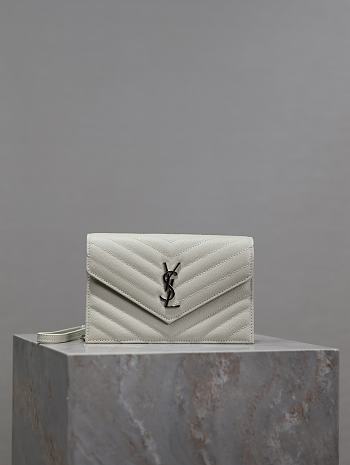 YSL Cassandre Envelope Chain Wallet In Grain De Poudre Leather White Silver - 19x12.5x3.5cm