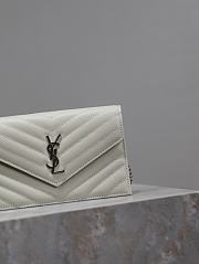 YSL Cassandre Envelope Chain Wallet In Grain De Poudre Leather White Silver - 19x12.5x3.5cm - 3