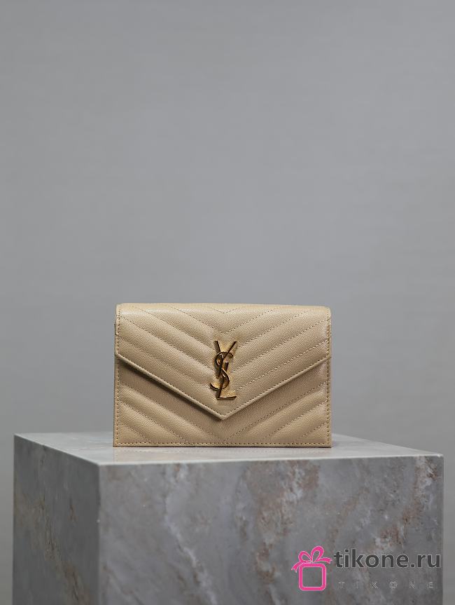 YSL Cassandre Envelope Chain Wallet In Grain De Poudre Leather Beige - 19x12.5x3.5cm - 1