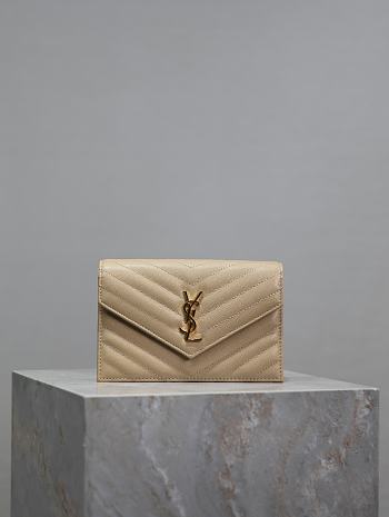 YSL Cassandre Envelope Chain Wallet In Grain De Poudre Leather Beige - 19x12.5x3.5cm