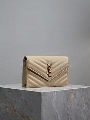 YSL Cassandre Envelope Chain Wallet In Grain De Poudre Leather Beige - 19x12.5x3.5cm - 5