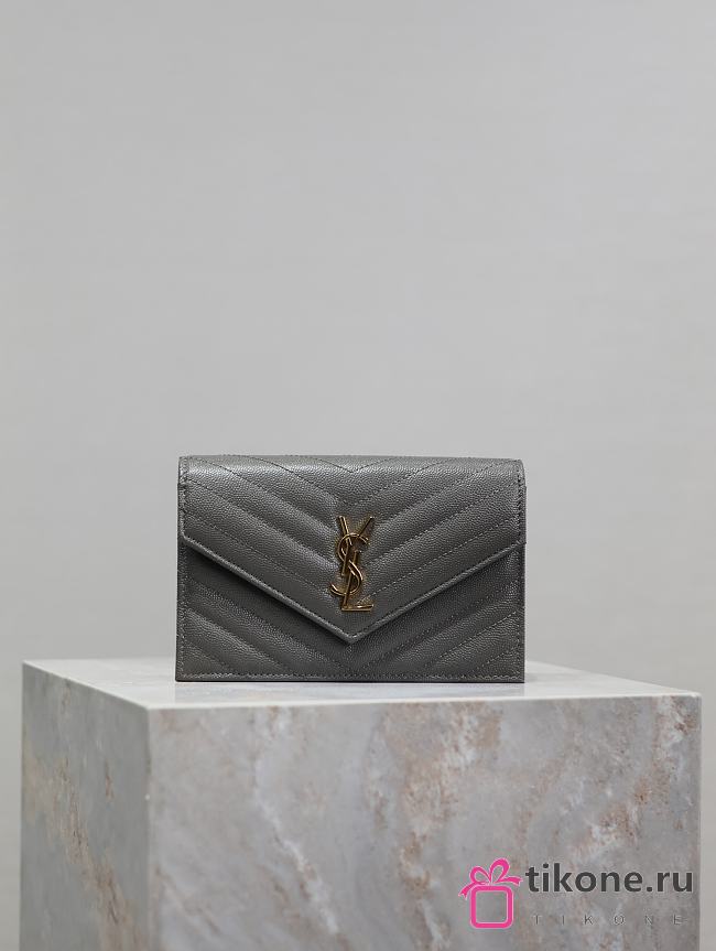 YSL Cassandre Envelope Chain Wallet In Grain De Poudre Leather Gray - 19x12.5x3.5cm - 1
