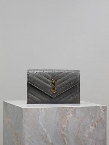 YSL Cassandre Envelope Chain Wallet In Grain De Poudre Leather Gray - 19x12.5x3.5cm
