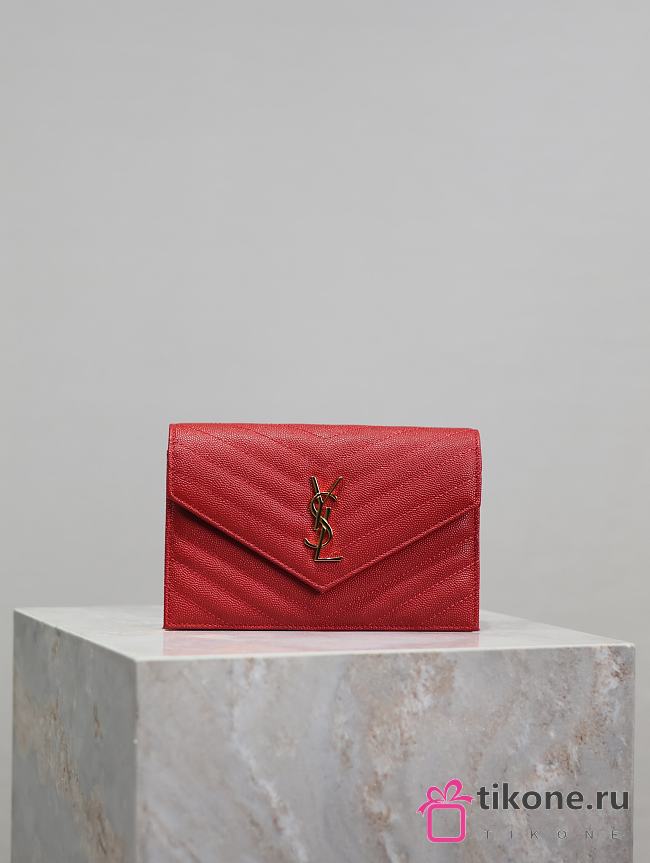 YSL Cassandre Envelope Chain Wallet In Grain De Poudre Leather Red - 19x12.5x3.5cm - 1