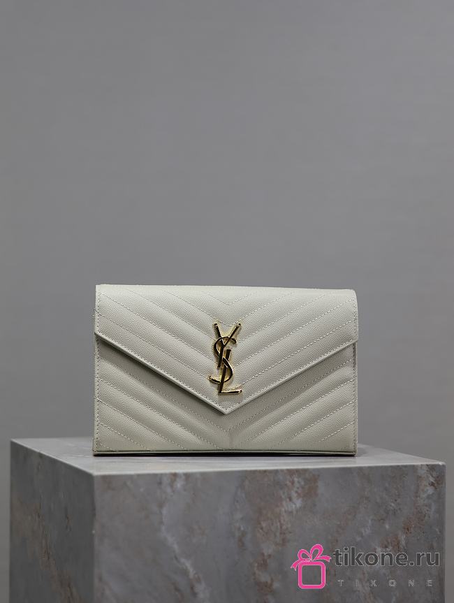 YSL Classic Cassandre Chain Wallet In Grain De Poudre Leather White Gold - 22.5x14x4cm - 1