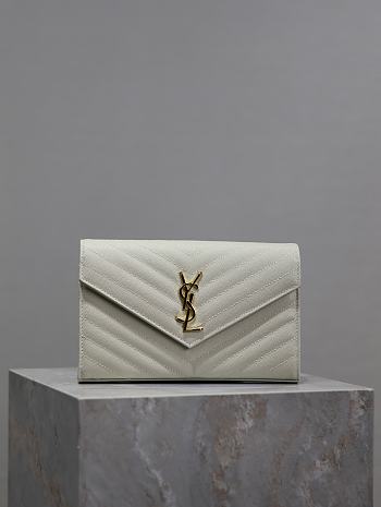 YSL Classic Cassandre Chain Wallet In Grain De Poudre Leather White Gold - 22.5x14x4cm
