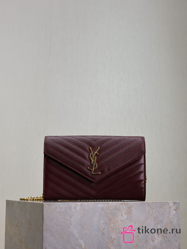 YSL Classic Cassandre Chain Wallet In Grain De Poudre Leather Rouge Cabernet - 22.5x14x4cm - 1