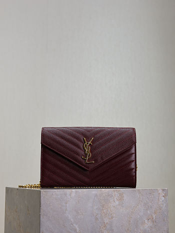 YSL Classic Cassandre Chain Wallet In Grain De Poudre Leather Rouge Cabernet - 22.5x14x4cm