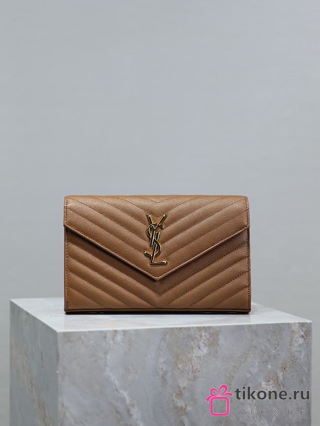 YSL Classic Cassandre Chain Wallet In Grain De Poudre Leather Brown - 22.5x14x4cm - 1