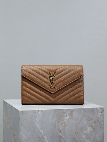 YSL Classic Cassandre Chain Wallet In Grain De Poudre Leather Brown - 22.5x14x4cm
