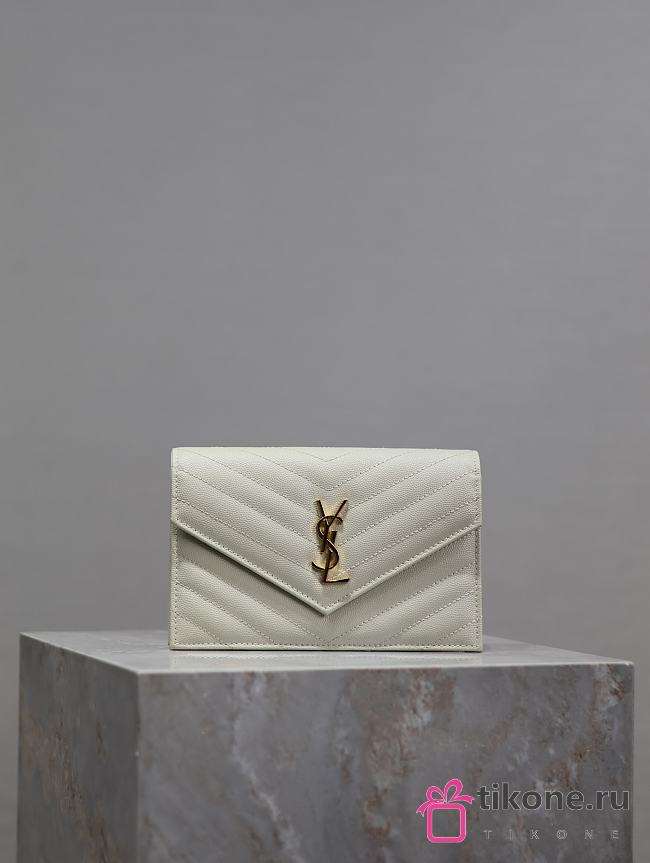 YSL Cassandre Envelope Chain Wallet In Grain De Poudre Leather White Gold - 19x12.5x3.5cm - 1