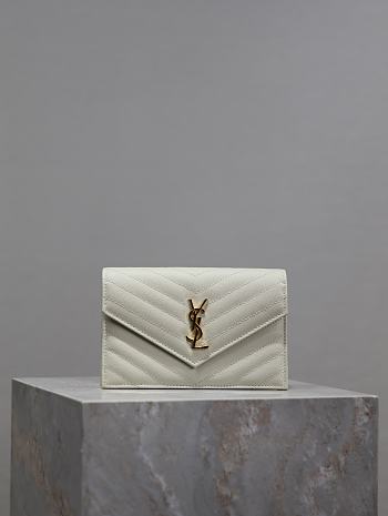YSL Cassandre Envelope Chain Wallet In Grain De Poudre Leather White Gold - 19x12.5x3.5cm