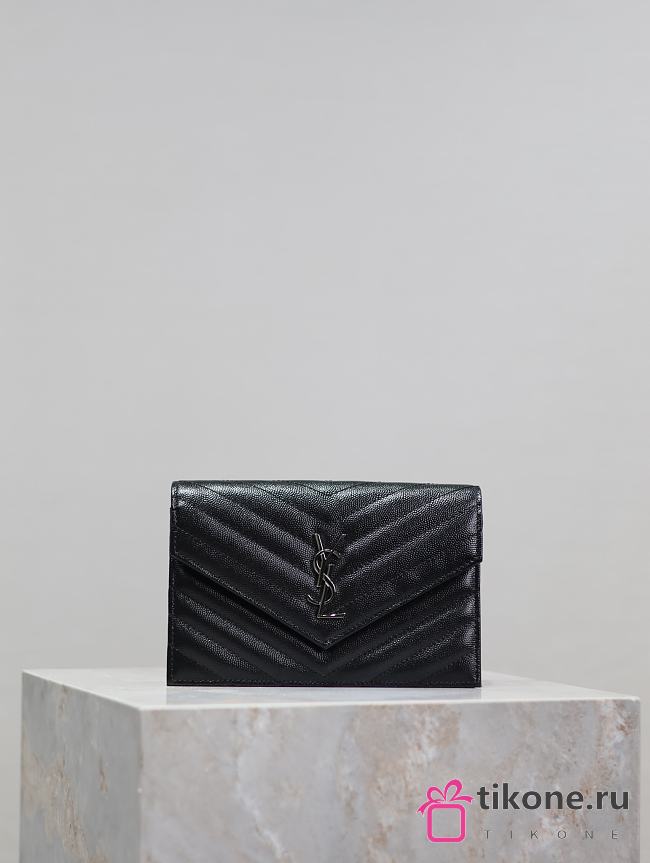 YSL Cassandre Envelope Chain Wallet In Grain De Poudre Leather Black Silver - 19x12.5x3.5cm - 1