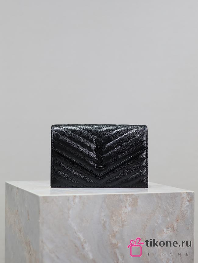 YSL Cassandre Envelope Chain Wallet In Grain De Poudre Leather Black - 19x12.5x3.5cm - 1