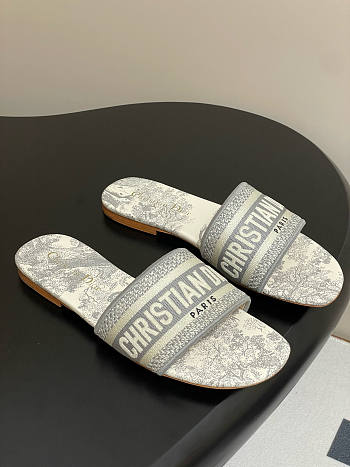 Dway Slide Gray Embroidered Cotton and Toile de Jouy Motif