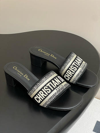 Dway Heeled Slide Deep Black Embroidered Cotton 4cm