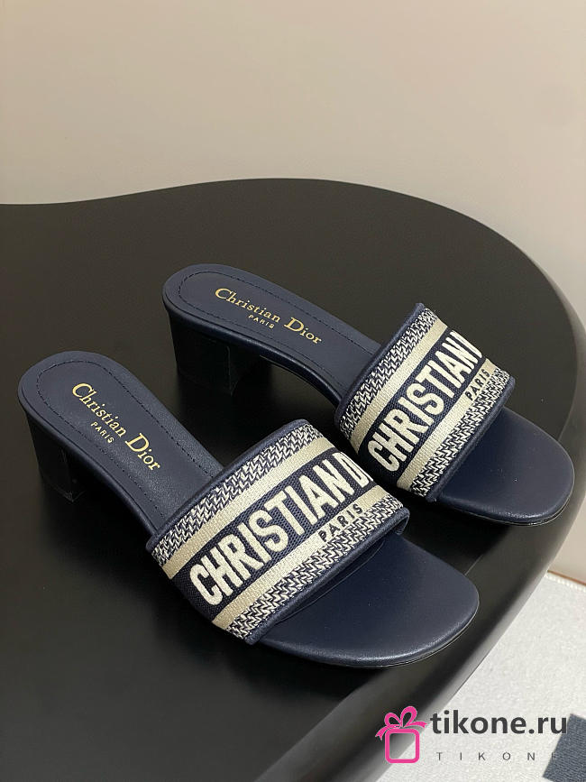 Dway Heeled Slide Deep Blue Embroidered Cotton 4cm - 1