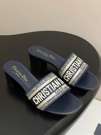 Dway Heeled Slide Deep Blue Embroidered Cotton 4cm