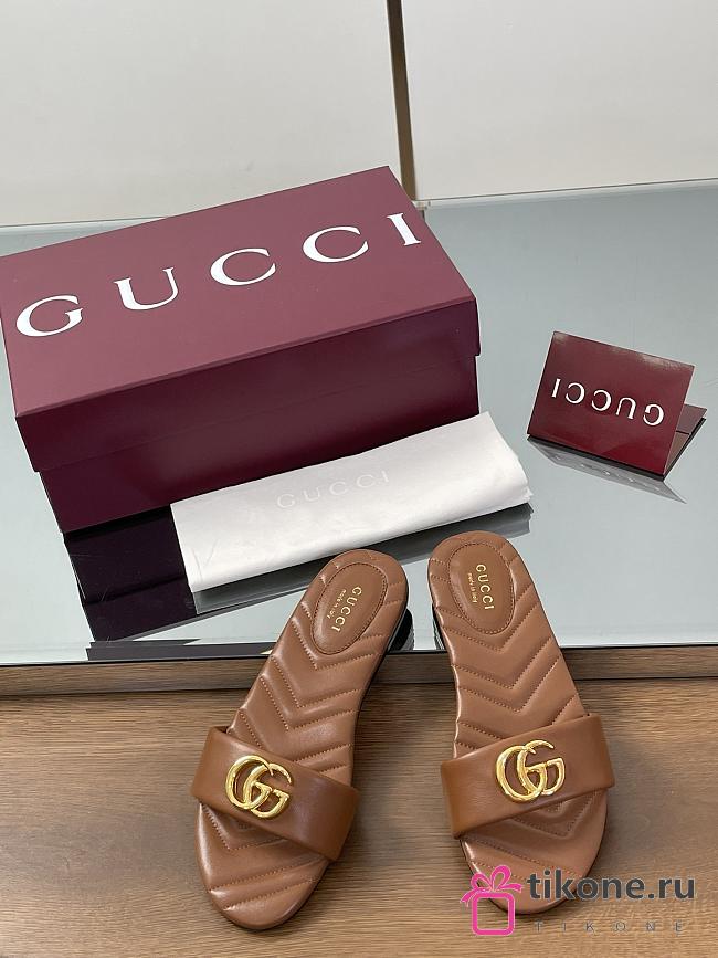 Gucci Slide Sandal With Doube G In Brown Leather - 1