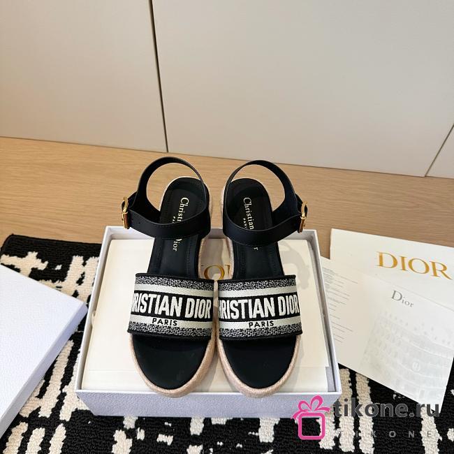 Dway Wedge Sandal Deep Black Calfskin and Embroidered Cotton - 1