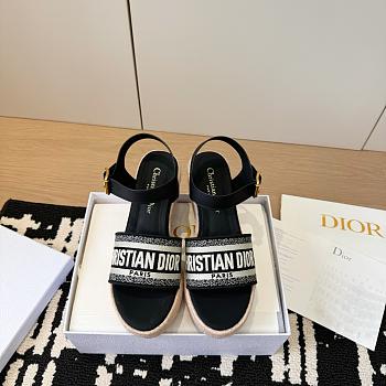 Dway Wedge Sandal Deep Black Calfskin and Embroidered Cotton