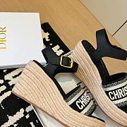 Dway Wedge Sandal Deep Black Calfskin and Embroidered Cotton - 3